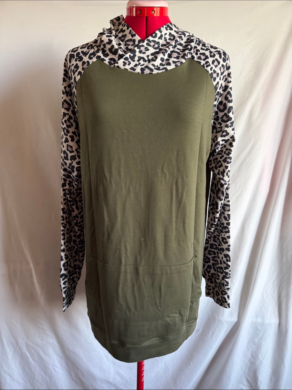 Olive Green Hooded Tunic with Leopard-Print Sleeves